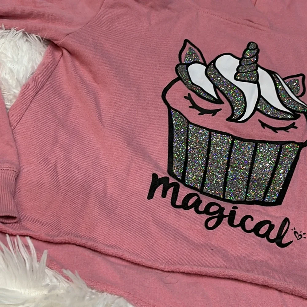 JUSTICE Magical Unicorn Cupcake Hoodie Pink Glitter Raw Hem Sweats | Girls Sz 10